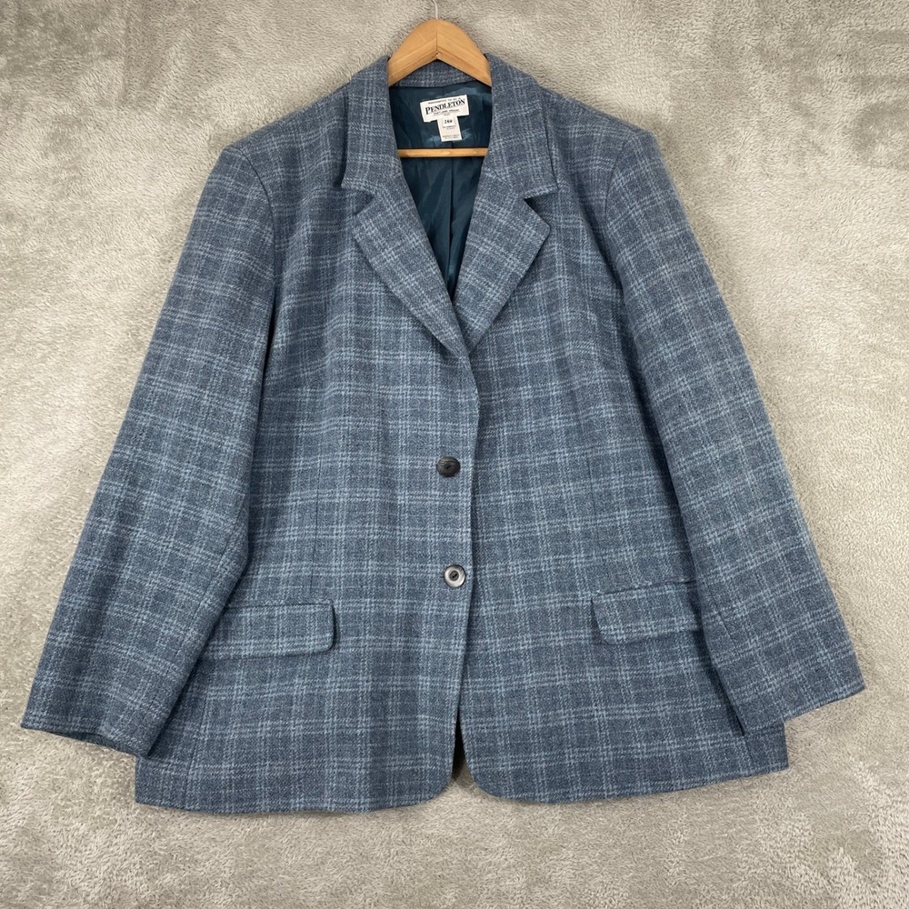 Pendleton Blazer Womens 24W Blue Plaid Wool Lambswool Blend Jacket Plus Size